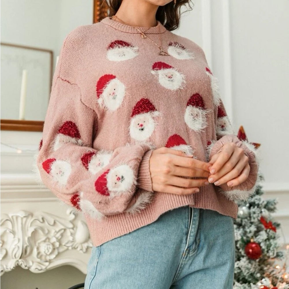 Drop Shoulder Santa Clause Ugly Christmas Sweater Pattern Sweater - Picture 6 of 8